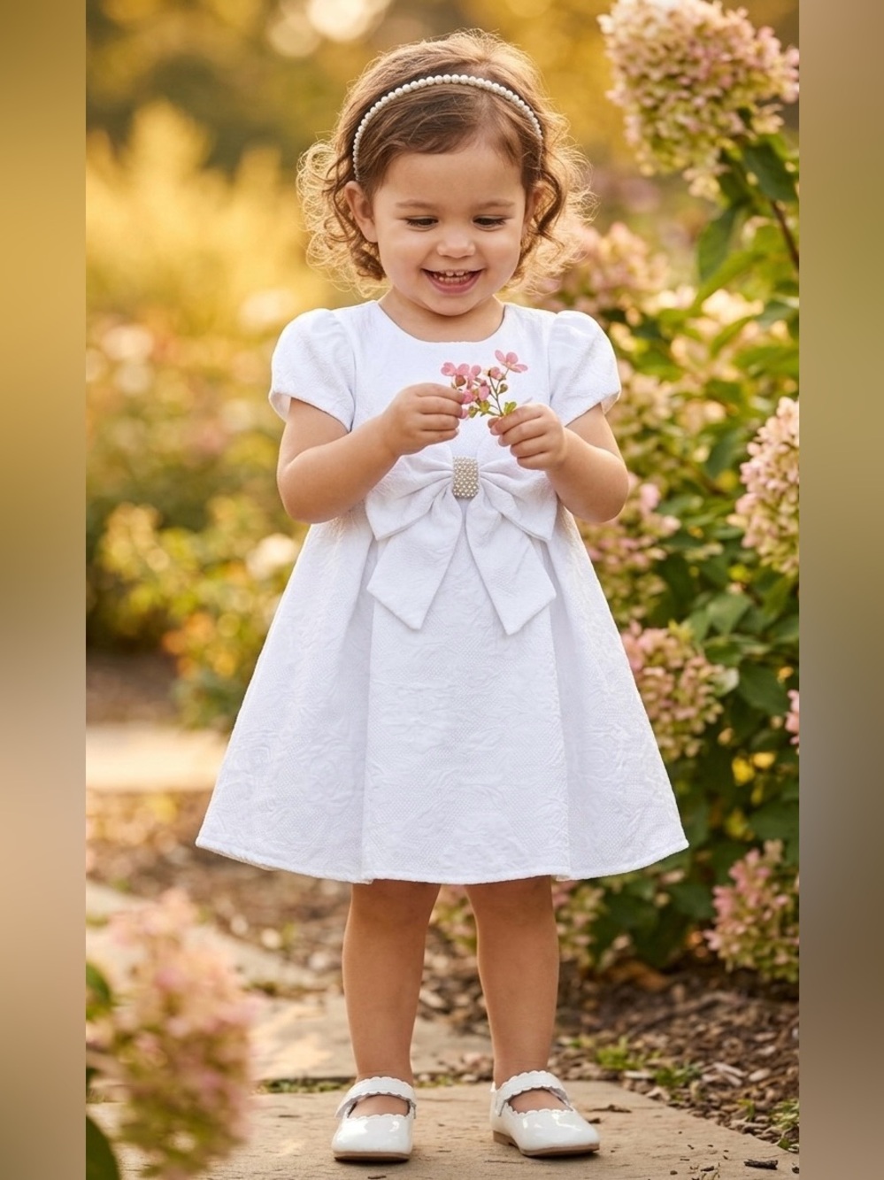 Rare Editions White Bow-Pearl A-Line Formal Dress for Girls